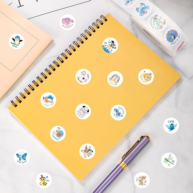 3000 PCS Animal Stickers, 3 Rolls Kids Stickers, 1 Inch, 30 Designs Cute Animal Sticker with Motivational Words, for Kid Reward School Supplies Stickers