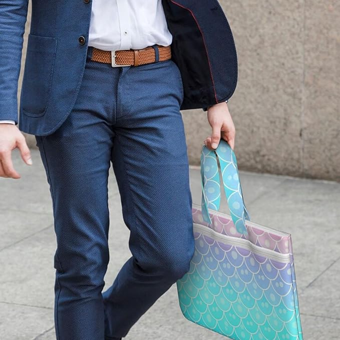 Canvas Zippered Document Bag with Handle, Waterproof Foldable File Storage Pouch Mermaid Scales Pastel Pink Purple Aqua Teal for Office Meetings