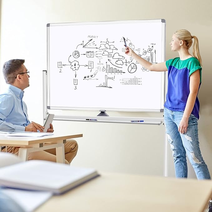 Dry Erase Board with Stand - 40x28 Inches Double-Sided Mobile Standing Whiteboard on Wheels, Rolling White Board for Home Classroom Office School, Magnetic Whiteboard Easel for Meeting, Training
