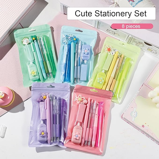 MOZXIRZ 8 Pcs Cute Yellow Stationery Set for Girls Boys Women Back to School Supplies Office Supplies Kawaii Candy Colors Stationery Gift Including Pen Pencil Highlighter Eraser (Yellow)