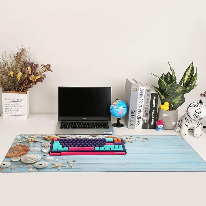 Shells on Blue Wood Large Mouse Pad Extended Gaming Mouse Pad Waterproof Desk Mat with Stitched Edge,Non Slip Base Keyboard Mouse pad for Home Office 35.4" X 15.7"