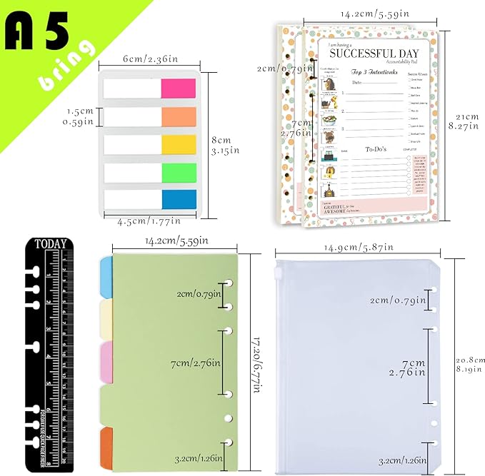 Rancco A5 Planner Inserts Daily Planner To Do List Refills, 90 Sheet 180 Page 6-Hole Successful Day Refills w/Binder Divider, Pouch, Ruler, Index Tab for Filofax, Journal, Undated,5.7x8.3inch