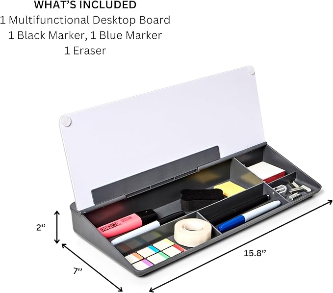 GAROOD Desktop Dry Erase Board with Storage (Grey Base) Desk Desk Board Glass Desktop White Board with Stand Home Office Organizer Phone Holder 15.8X7X2 inches