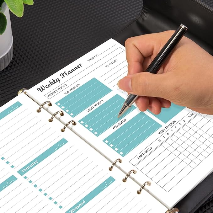 6-Hole Weekly Planner Refills for A5 Binders - 53 Sheets/106 Pages Undated Weekly Planner, 100 gsm White Paper, Lasts 1 Year, Undated, 5.8" x 8.3", Teal