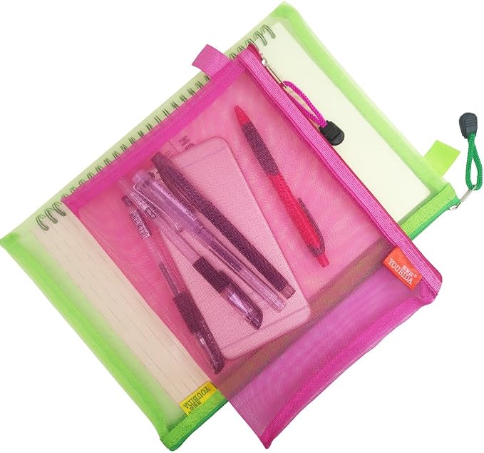 8 Pcs Zipper Mesh File Bags Folder Document Pockets with Bill B5 A5 A6 Size, AFUNTA 4 Color 4 Size Nylon Pencil Case Cosmetic Storage Office Pouch Holder- Orange, Yellow, Green, Rose Red