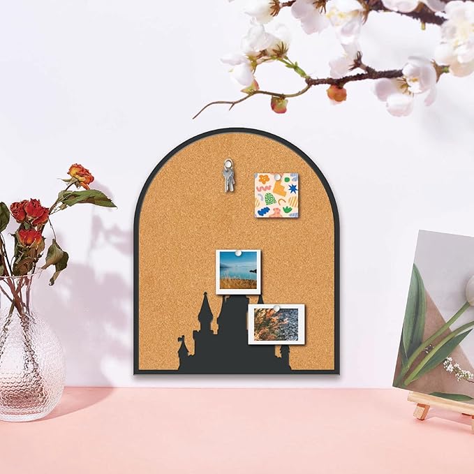 CRASPIRE Castle Pin Cork Board 11.8x9.8In Wall Mounted Framed 0.7" Thick Bulletin Display Badge Wooden Saddle Brown Memory Memo Brooch Lapel Pin Holder Storage for Home Office Bedroom Wedding Decor