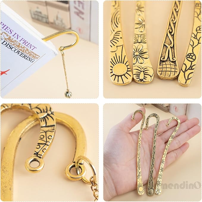 Framendino, 12 Pack Metal Bookmark Antique Tibetan Carved Hook Bookmarks with Loop for Crafting (Gold)