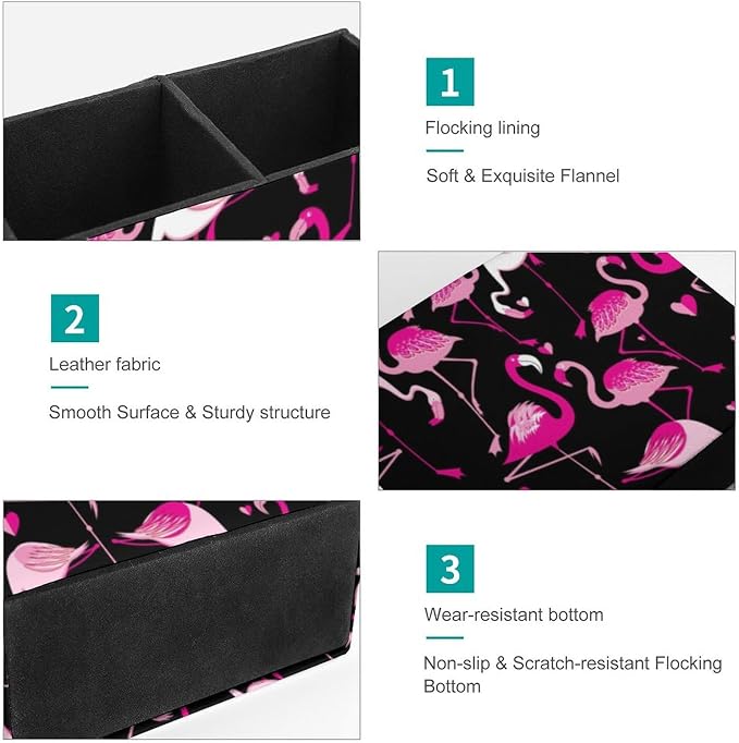 Desk Organizer Pen Holder Pink Love Heart Flamingo with Anti Slip Bottom, Decoration Office Desk Square Brush Pot, Multi-Functional PU Leather Pen Container