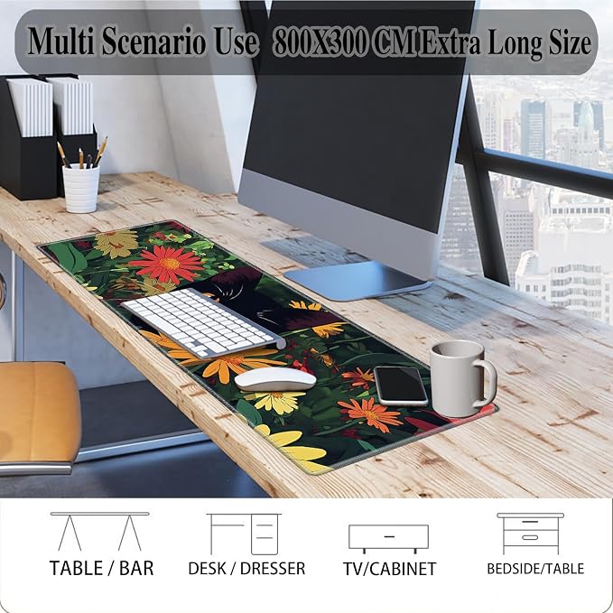 Mouse Pad Gaming Mousepad 31.5x11.8 Inch XXL Large + Coasters,Desk Mat with Stitched Edges, Non-Slip Rubber Base, Thick Mouse Pad for Computer, Laptop, Office & Home - Flowers Black Cat