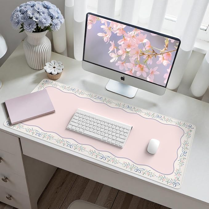 HAOCOO Cute Girly Computer Mat, Pink Bow XXL Mouse Pad for Gaming & Office, Non-Slip Waterproof Desk Matt for Desktop, Aesthetic Home Desk Accessories, Desk Pad Protector with Stitched Edges
