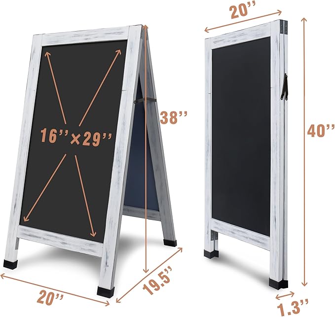 SELEAD Solid Wood A-Frame Chalkboard - 40" x 20" Magnetic Sandwich Board Signs Outdoor Standing Chalk Board Easel Sidewalk Pizarra for Wedding, Business, Party - Rustic White
