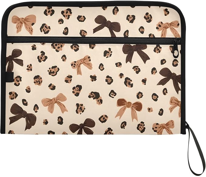 Expanding File Folder Leopard Print Cheetah Bow Pattern Accordion File Organizer 13 Pockets Document Organizer with Zipper Labels A4 Letter Office Storage
