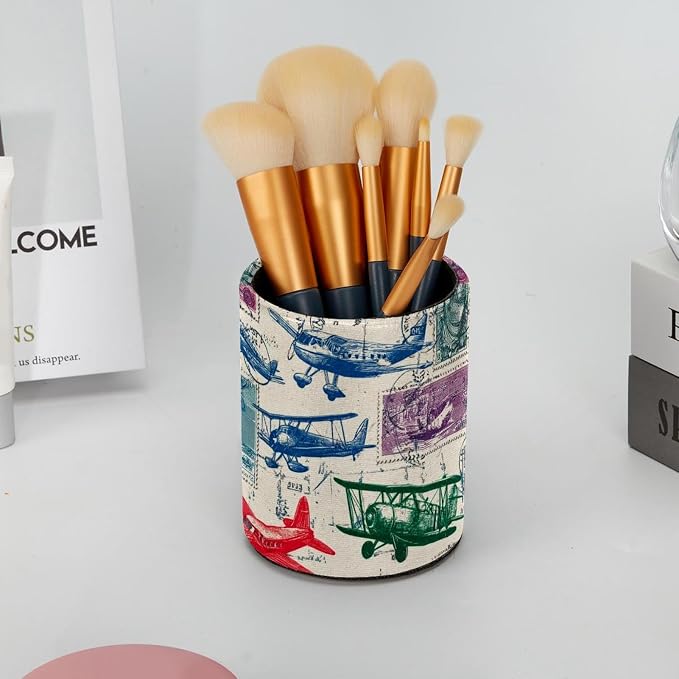 Leather Pen Holder for Desk, Airplane Retro Stamps Pencil Cup Pen Organizer Makeup Brush Holder for Office Home Kids Countertop Desk Accessory Storage