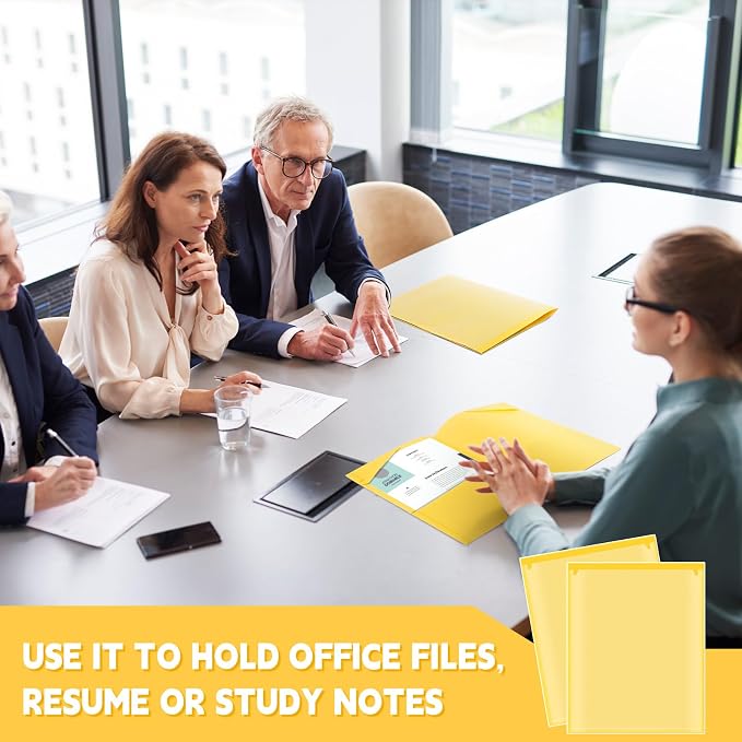 Henoyso 18 Pack Yellow Plastic Folders with Clear Front Pockets Heavy Duty File Folders with 2 Pockets and Card Slot for Student Communication School Office Presentation Report