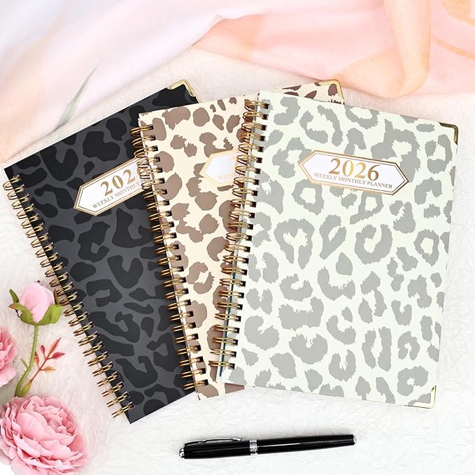2026 Planner, Jan.2026 - Dec.2026 Planner Weekly and Monthly 6.25"x8.5" with Page Tabs, Calendar Hardcover with Inner Pocket, Elastic Band, Twin-Wire Binding, Bookmark, Gray Leopard