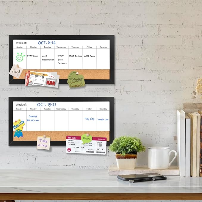 Magnetic Weekly Dry Erase White Board and Cork Board, Black Wood Frame,Magnetic Surface Whiteboard for Home Office and Wall Decor(ZHZL-2040BK)