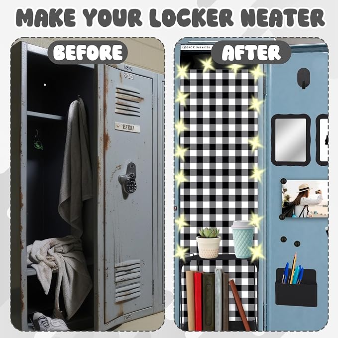 16 Pcs Locker Accessories Kit Black Locker Organizer Decorations Include Checkered Wallpaper String Light Magnetic Whiteboard Mirror Storage Cup Marker Rug Organizing Shelf for Back to School Supply