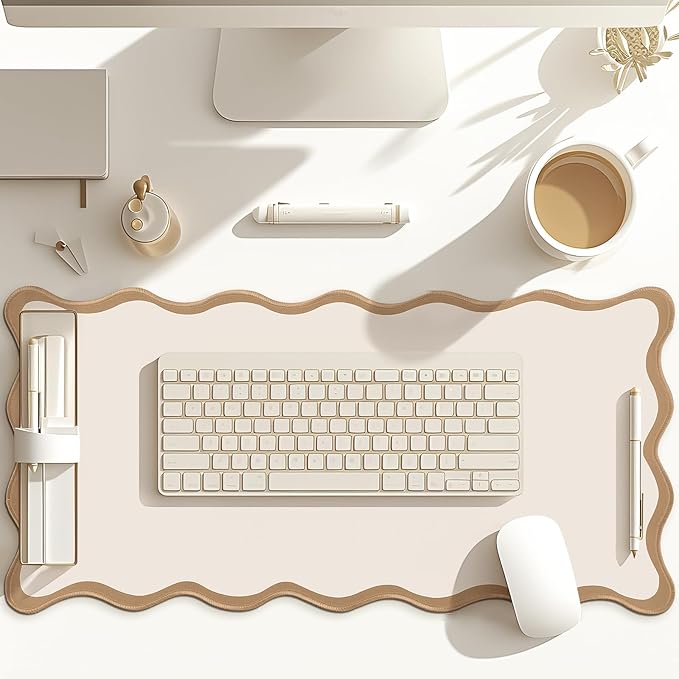 Hahafelt Scalloped Desk Mat Large Desk Pad Cute Coquette Table Mat Back to School Preppy Table Make up Pad Nonslip Graduation Gift with Stitching Waterproof Gaming(Beige,23.6 x 13.8 Inches)