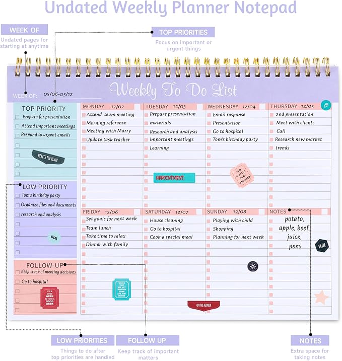 Weekly To Do List Notepad with 52 Undated Sheets, 8.5"×11" Weekly Desk Planner Undated Weekly Planner with Spiral Bound for Women & Man Home School and Work, Purple