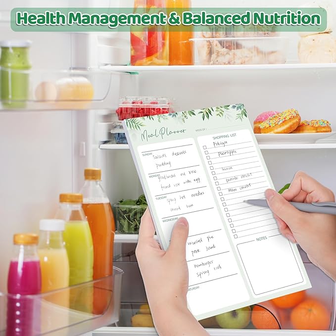 60 Sheets Meal Planner for fridge with Pen Holder, 7x10'' Magnetic Grocery List Undated Weekly Meal Planners with Tear off Shopping List, Green Leaf
