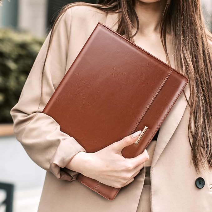 Padfolio/Resume Portfolio Folder for Women Men, WAVEYU Cute Chic Padfolio Cover Folder, Conference/Legal Document Organizer with Letter/A4 Size Clipboard, Document Sleeve, Brown