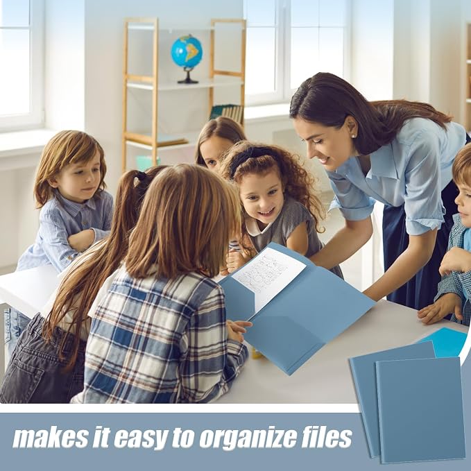 Gueevin 100 Pack Plastic Folder with Pockets, 2 Pocket Folders, Plastic Glossy Folders Fit Letter Size Paper, Heavy Duty Durable File Folder with Business Card for Home Office School (Blue Grey)