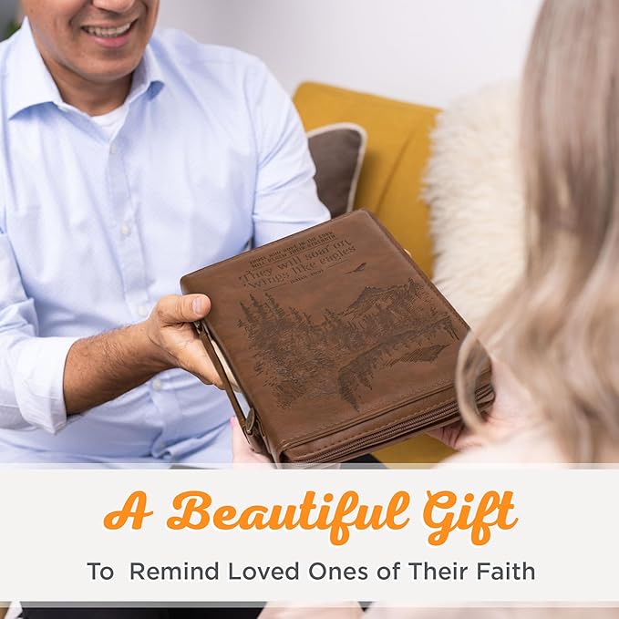 Christian Art Gifts Men's Classic Bible Cover On Wings Like Eagles Mountain Isaiah 40:31, Brown Faux Leather, Medium