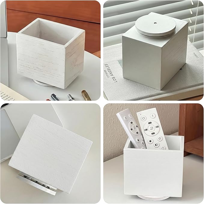 360° Rotating Remote Control Holder, Wooden TV Controller Holder, Remote Holder for Table, Desktop Caddy for Pen, Phone, Small Item Home Office School (White)