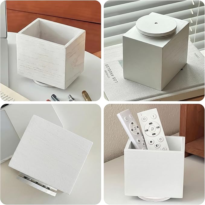360° Rotating Remote Control Holder, Wooden TV Controller Holder, Remote Holder for Table, Desktop Caddy for Pen, Phone, Small Item Home Office School (White)