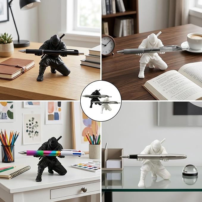 2 PCS Ninja Pen Holder for Desk, Black and White Samurai Pen Holder Desktop Decor, Unique Ninja Warrior Accessories & Desk Organizer for Office Supplies
