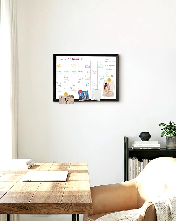 TORASO Dry Erase White Board & Monthly Calendar Board, Magnetic Whiteboard for Wall, Office/School/Home, Hanging Board for Decoration/Kitchen/Memo, Black Wood Frame, 10.5"x 14.5"(YL-BK-2737-A)