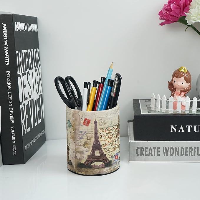 DreamsEden Vintage Pen Pencil Holder Cup Retro Desk Organizer for Home Office Living Room (Beige Paris Eiffel Tower Round)