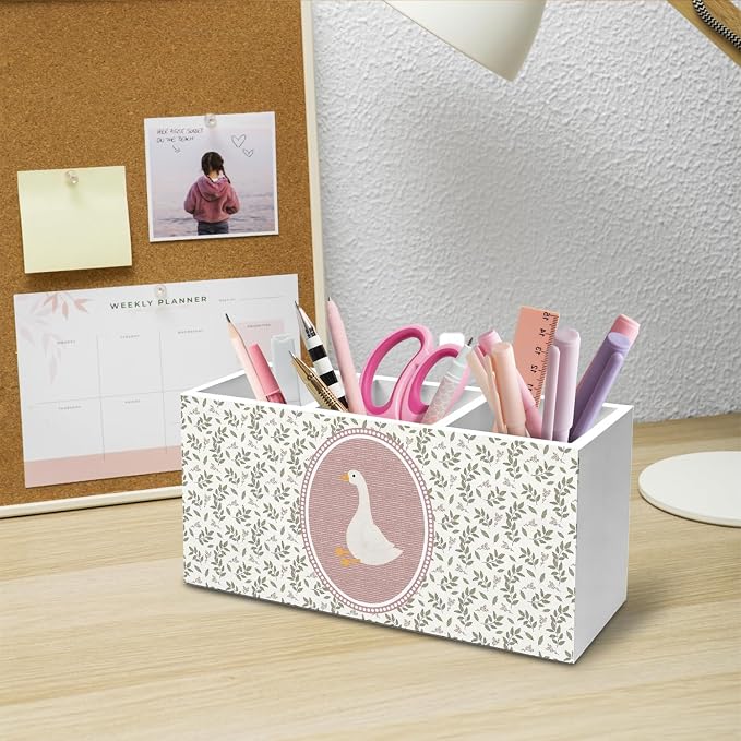 Cottagecore Botanical Goose Pen Holder for Desk, Goose Gifts for Women Pencil Organizer, Vintage Floral Animal Wooden Box Sign Desk Decor for Girl Nursery Home Office Decoration