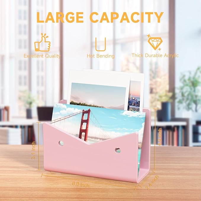 Mail Organizer Envelope Holder - Pink Acrylic Mail Holder Countertop Vertical Desk Organizer Small File Bill Document Notebook Letter Sorter for Home School Office Supplies