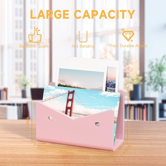 Mail Organizer Envelope Holder - Pink Acrylic Mail Holder Countertop Vertical Desk Organizer Small File Bill Document Notebook Letter Sorter for Home School Office Supplies