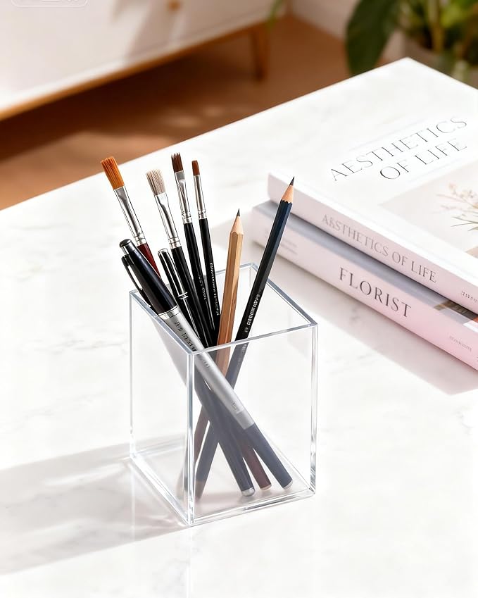 Clear Acrylic Pen Holder, Acrylic Makeup Brush Storage Organizer, Pencil Pen Holder for Desk, Modern Desktop Accessories for Office School Home Supplies