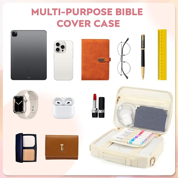 Bible Cover Case for Women Grils, Preppy Bible Bag with Adjustable Shoulder Strap, Waterproof Bible Carrying Tote Bags Holder for Bible Study Supplies Accessories & Christian Gifts (Beige)