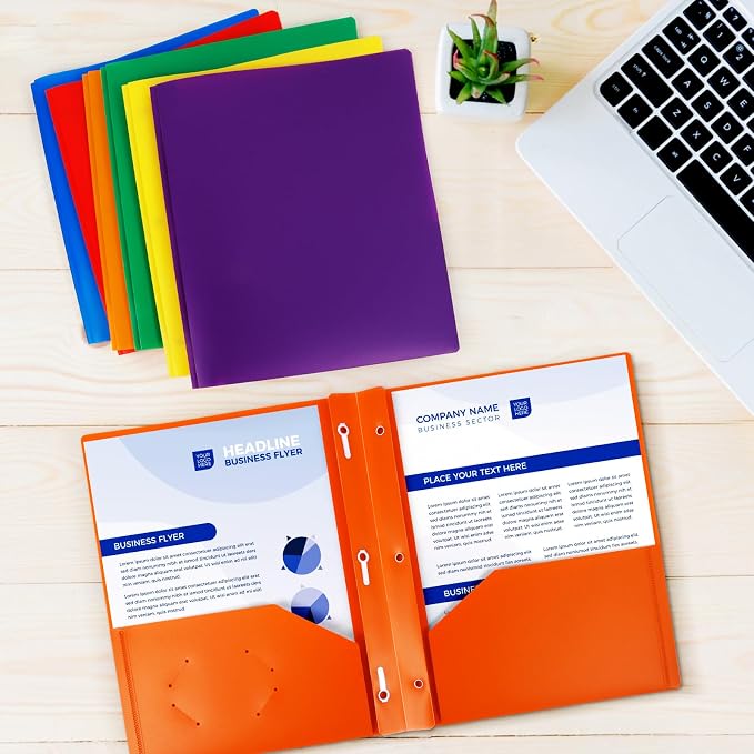 6-Pack Plastic Folders with Pockets and Prongs,2-Pocket Folders with 3 Fasteners, Holds 8-1/2" x 11" Paper for School/Office/Home, Orange
