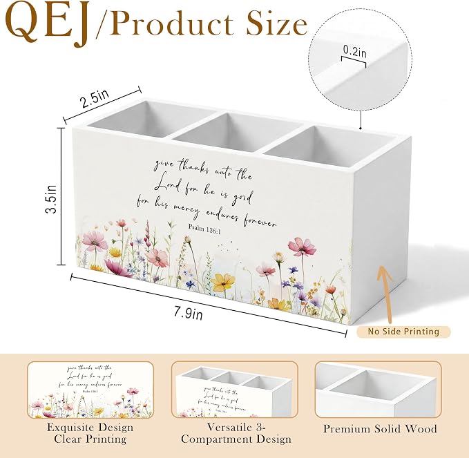 Wildflower Bible Verse Pen Holder for Desk, Christian Gifts for Women, Give thanks to the Lord Christian Wooden Box Pencil Pen Organizer for Home Office Desk Tabletop