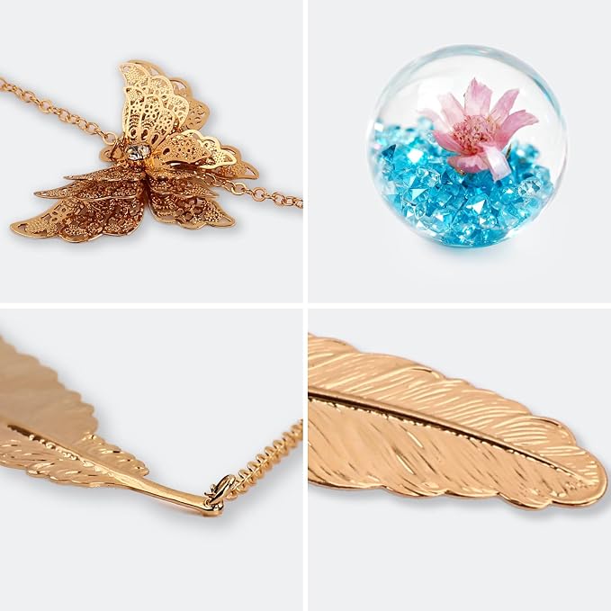Teacher Retirement Gifts - Metal Feather Bookmark with 3D Butterfly & Real Dried Flower Pendant - Bookmark for Women & Book Lovers Under 10 Dollars - Gift Box Included