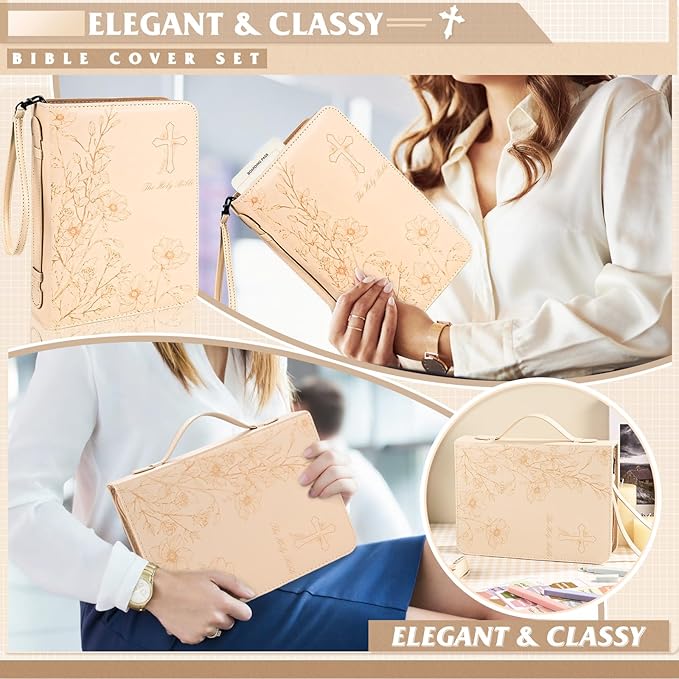 Bible Cover Case for Women Khaki Leather Floral Bible Storage Bag with Highlighters Tabs for Girls Bible Study Supplies Accessories Christian Gifts