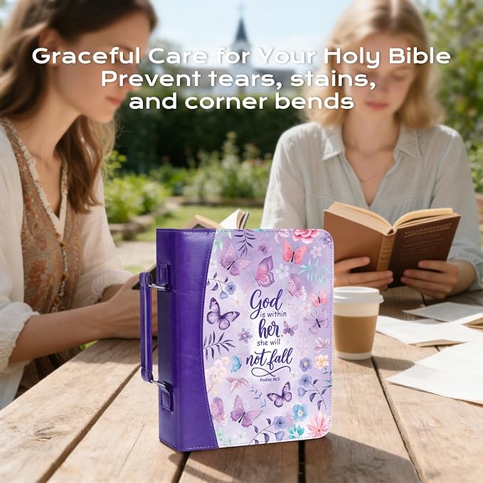 XKDOUS Purple Bible Cover for Women, Leather Bible Bags Set with Study Supplies, Tabs, Pens, Bookmarks, Large Book Carrying Case Carrier Tote Bag Christmas Gifts for Lady