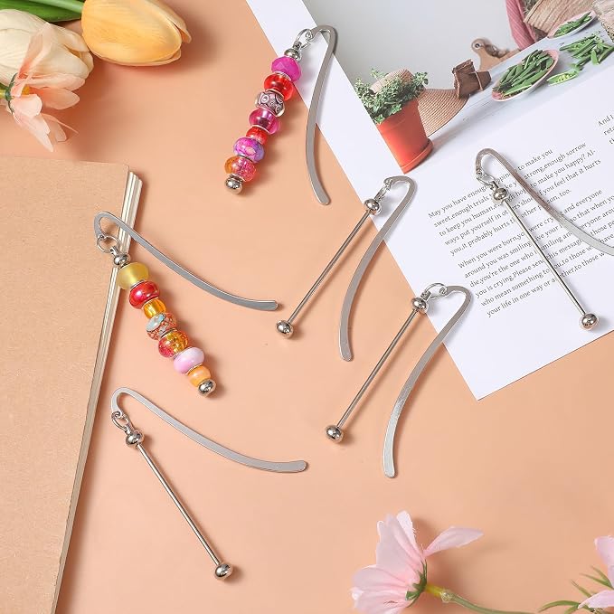 32 Pcs Beadable Bookmarks, Silver Metal DIY Blank Bar Bookmark for Beads, Craft Jewelry Pendant Charm Gift for Book Lovers, Students and Teachers