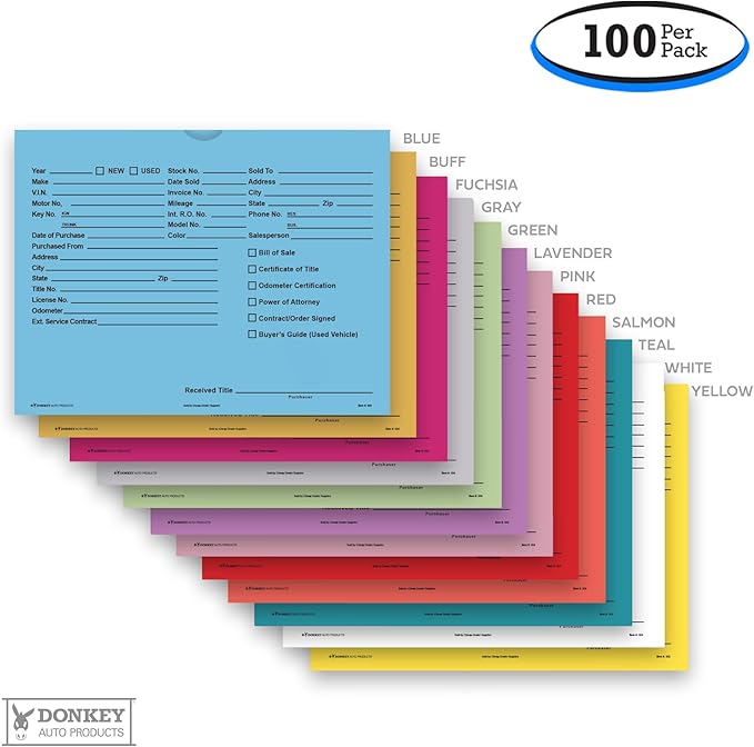Printed Vehicle Deal Envelopes 9x12 Deal Jackets (100 shrink wrapped) (Blue)