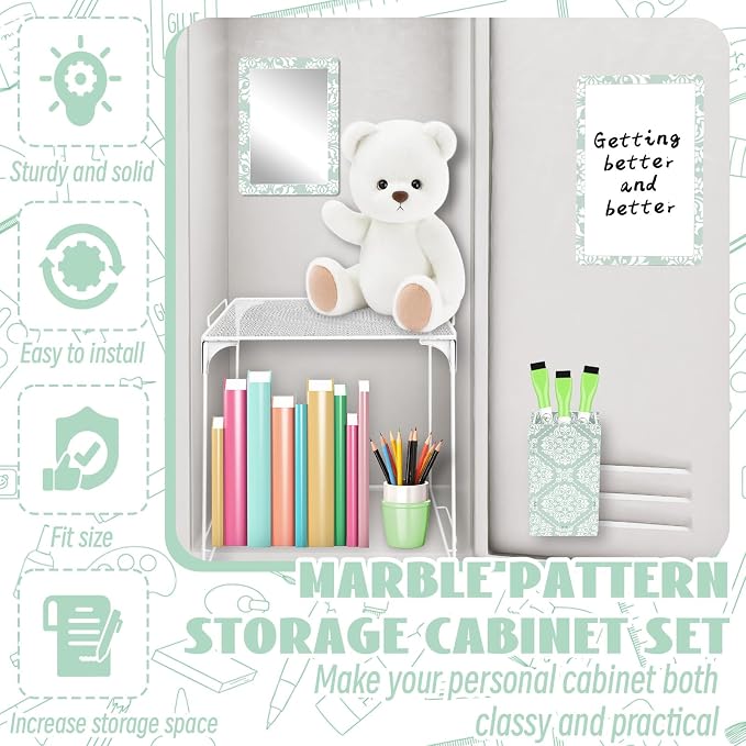 Denylo pro Magnetic Locker Accessories Kit White and Green Back to School Essentials Locker Organizer Supplies Include Mirror Whiteboard Pen Shelf Pencil Case Magnet Back to School Essentials