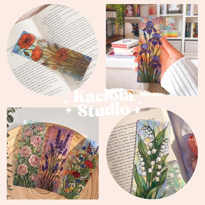 Kaciola 10PCS Stained Glass Bookmarks, Floral Transparent Book Marks for Reading, Book Lovers Bookish Items Gift, Cool Bookmarks Accessories for Women Men Book Lovers Booktok (Floral)