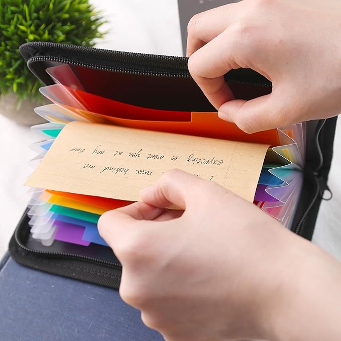 Koogel Expanding File Folder, 13 Pockets Small Accordion File Holder Organizer with Labels for Receipt Cards, Document, Zipper Closure, Bill Business, Coupons Storage, Classroom, 8.3X5.1 Inches, Black
