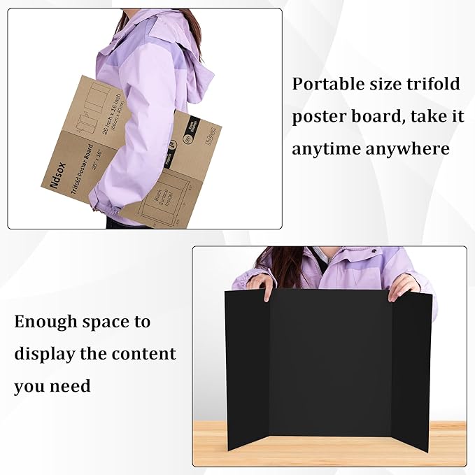 Ndsox 6 Pack 26" x 16" Black Trifold Poster Board Medium Size Corrugated Cardboard Science Fair Display Boards for School Projects, Business Presentations, Event Displays, and Art Exhibitions