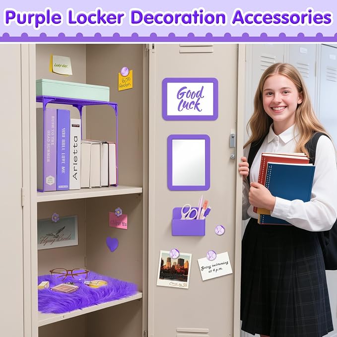 MoKo 17PCS Locker Accessories for Girls, Cute Locker Accessories Kit with Mesh Shelf, Magnetic Dry Erase Board, Mirror, Marker Holder, Marker, Plush Rug, Magnets, Lockers Decor for School/Work, Purple