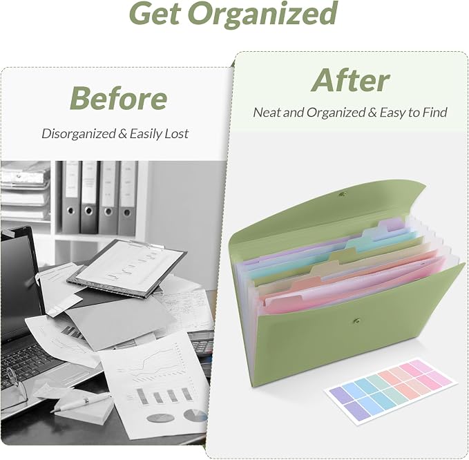 SKYDUE Cute Accordion File Organizer, Expanding File Folder with 8 Pockets, Document Organizer with Colorful Tabs for School, Office, Hospital Tax, Receipts Storage Letter/A4 Size Pale Green